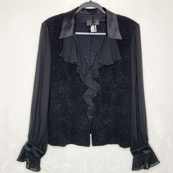 Alex Evenings Black Glitter Ruffle Button Down Top Size XL - Picture 1 of 12